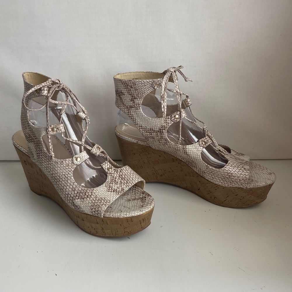 Marc Fisher “Smarty” cork wedge heel, leather upper, lace up sandal sz 10